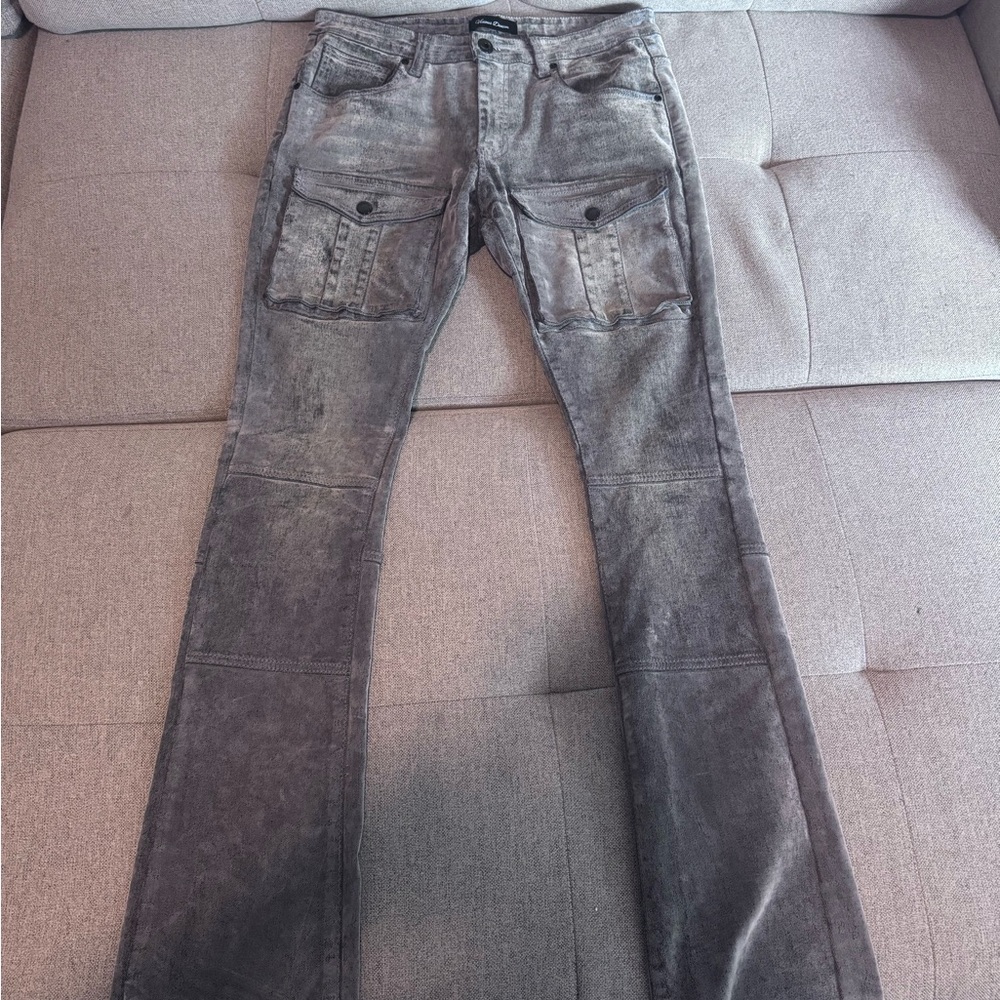 Grey suede stacked jeans